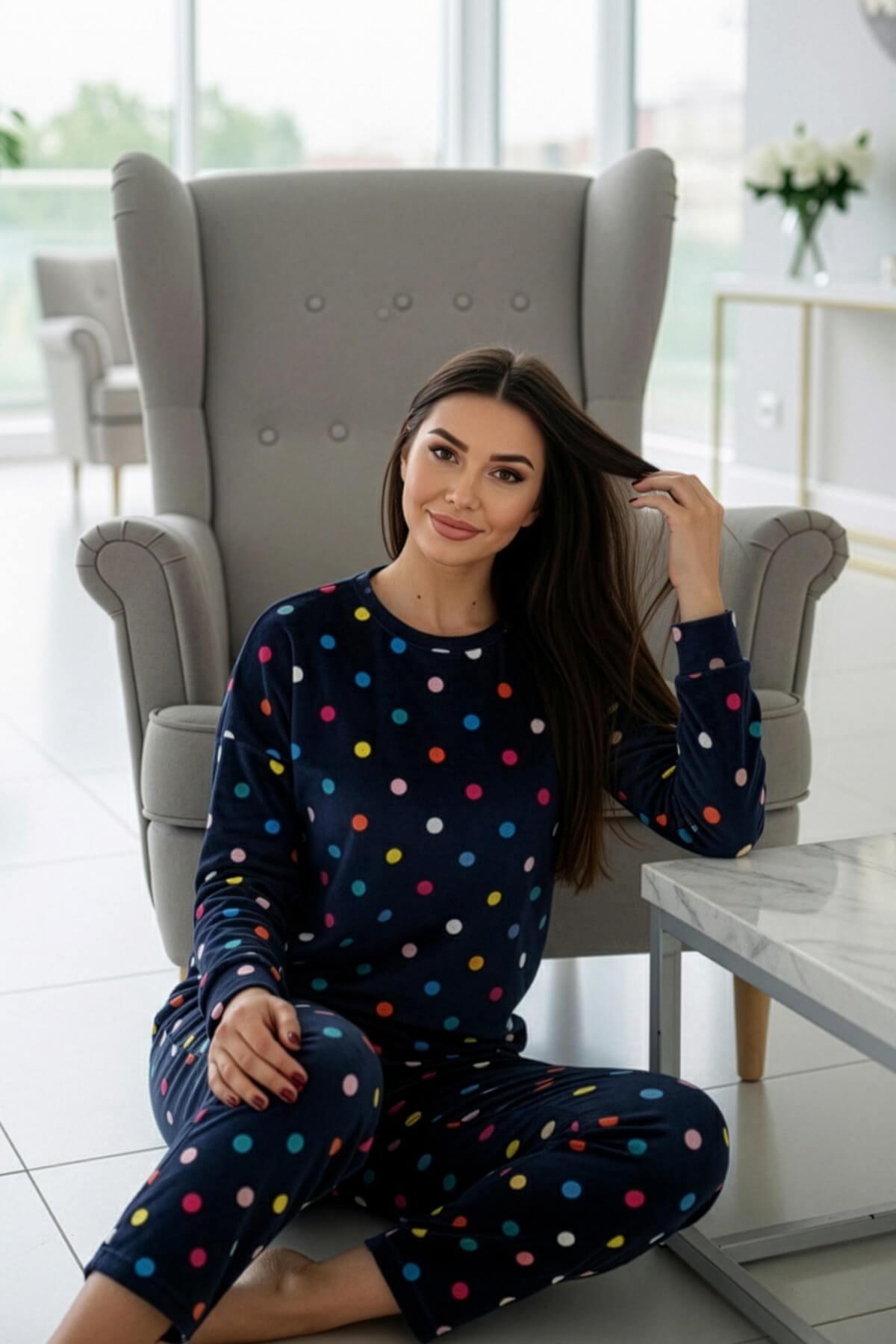 Pijamaevi Lacivert Puan Desenli Veloura Soft Kadın Pijama Takımı görsel 3
