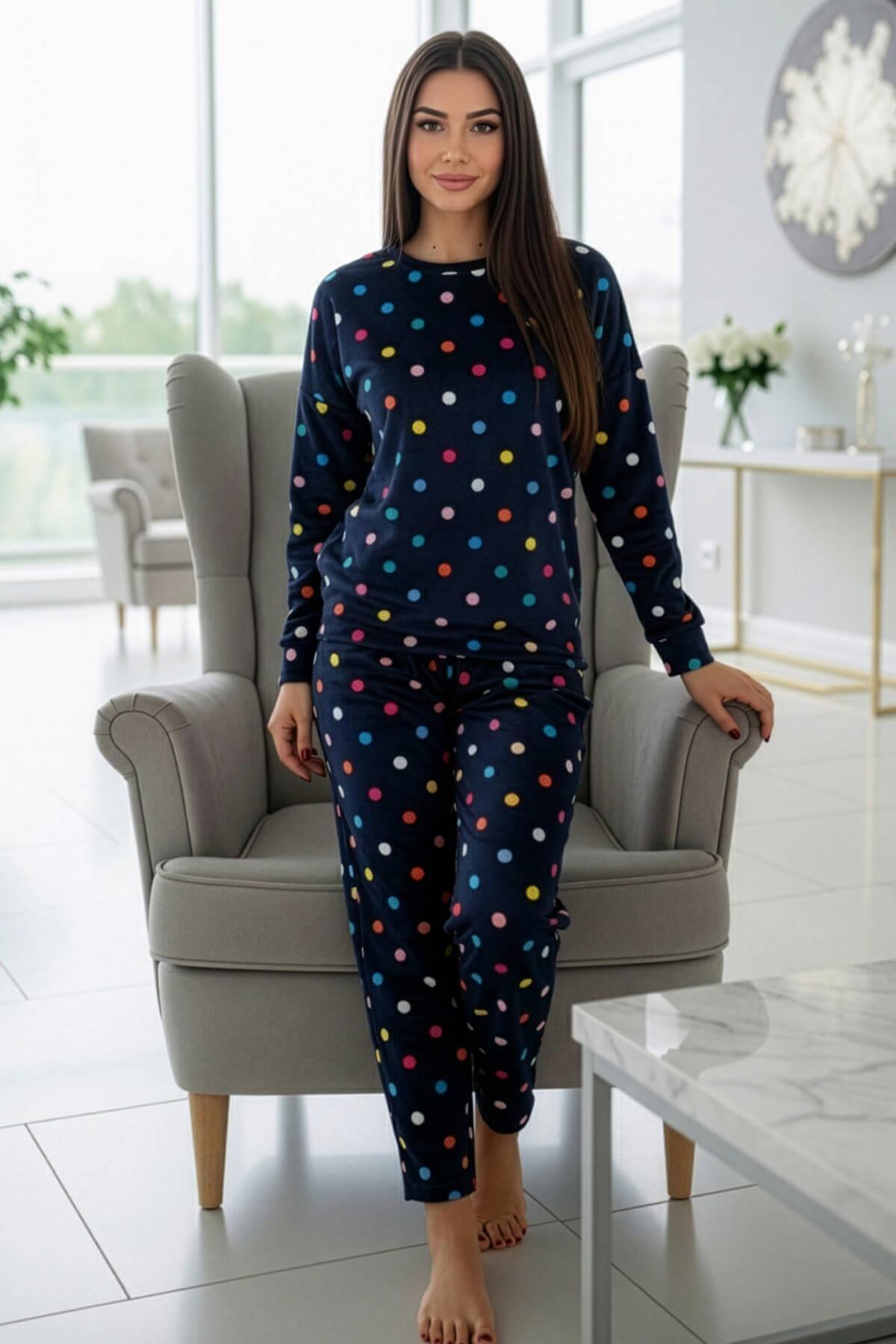 Pijamaevi Lacivert Puan Desenli Veloura Soft Kadın Pijama Takımı görsel 5
