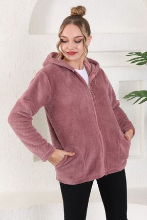 Lüx Sepet Welsoft Fermuarlı Kapüşonlu Kısa Polar Hırka Gül Kurusu