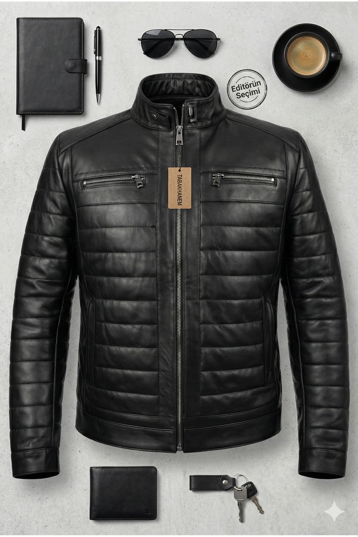 VELZANA  Erkek Hakiki Deri Puntolu Ceket Siyah | Dik Yaka, Kapitone Şeritli, Fermuarlı, Çift Göğüs Cepli - Görsel 4