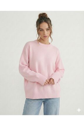 FAVORİST Kadın Pembe Yumuşak Dokulu SOFT Bisiklet Yaka Salaş Triko Kazak