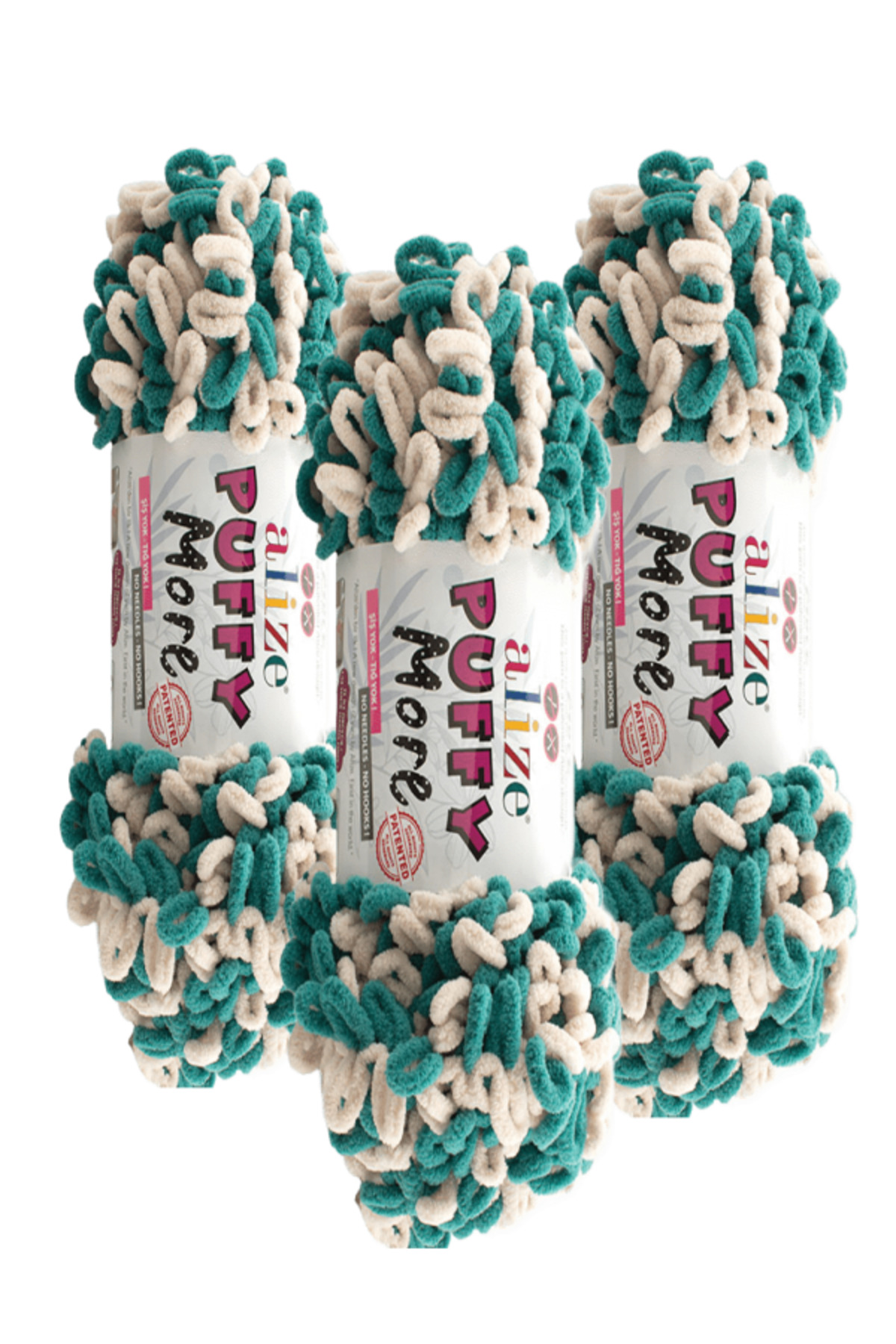 Puffy More Hand Knitting Yarn 3 Pieces – 6542 Green/Cream – 150 Gr. 11.5 Mt. – Blanket, Scarf, Vest