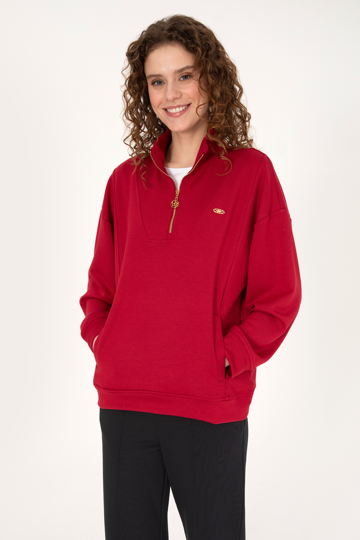 U.S. Polo Assn.  Kadın Koyu Frambuaz Fermuarlı Dik Yaka Sweatshirt 50314221-VR104 - Görsel 3