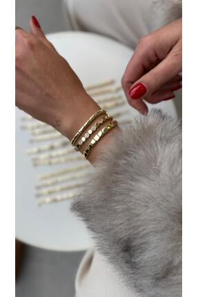 Velsha Kadın Gold Renk 3'lü Kombin Bileklik Seti - Zirkon Taşlı Kare Ve Baget...