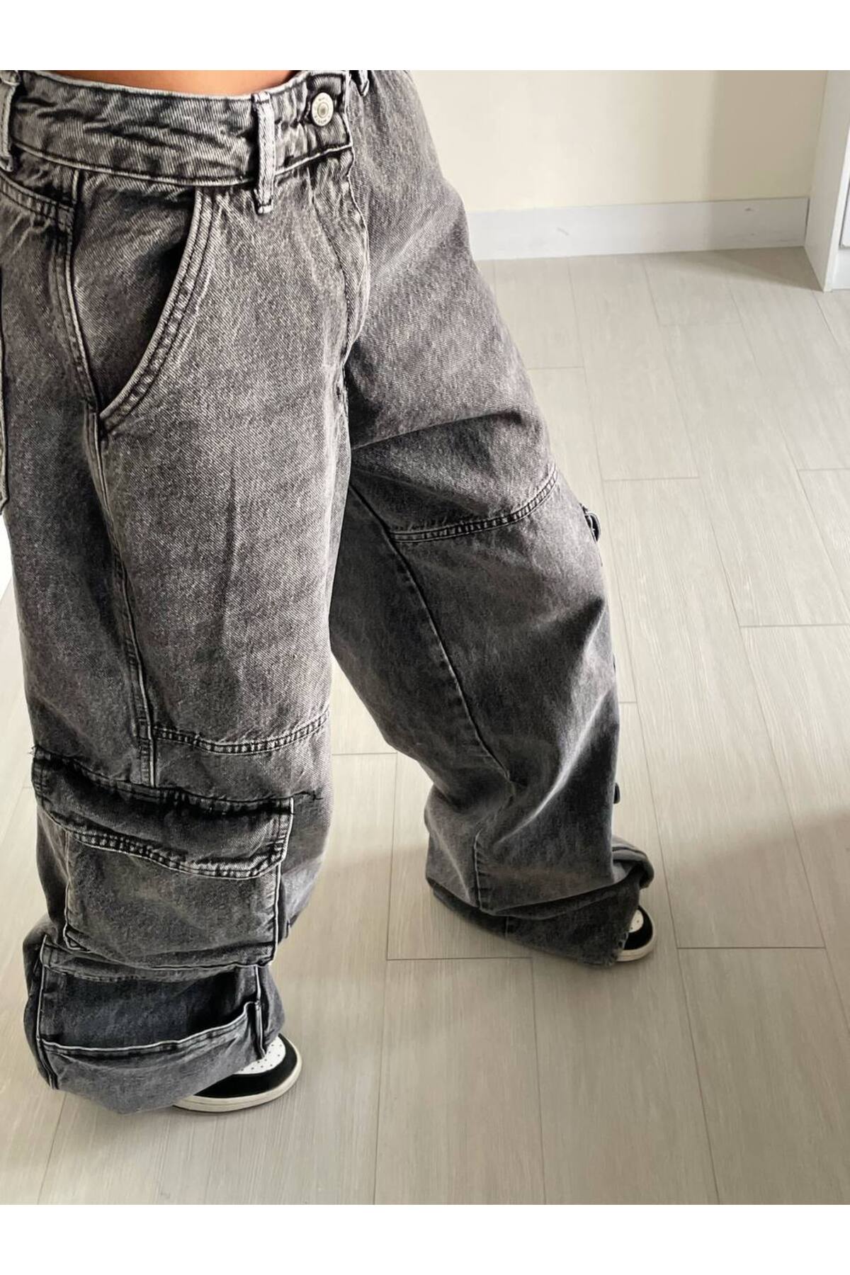 Alien 1979  Kadın Gri Oversize Bol Paça Kargo Jean Street Style - Görsel 4