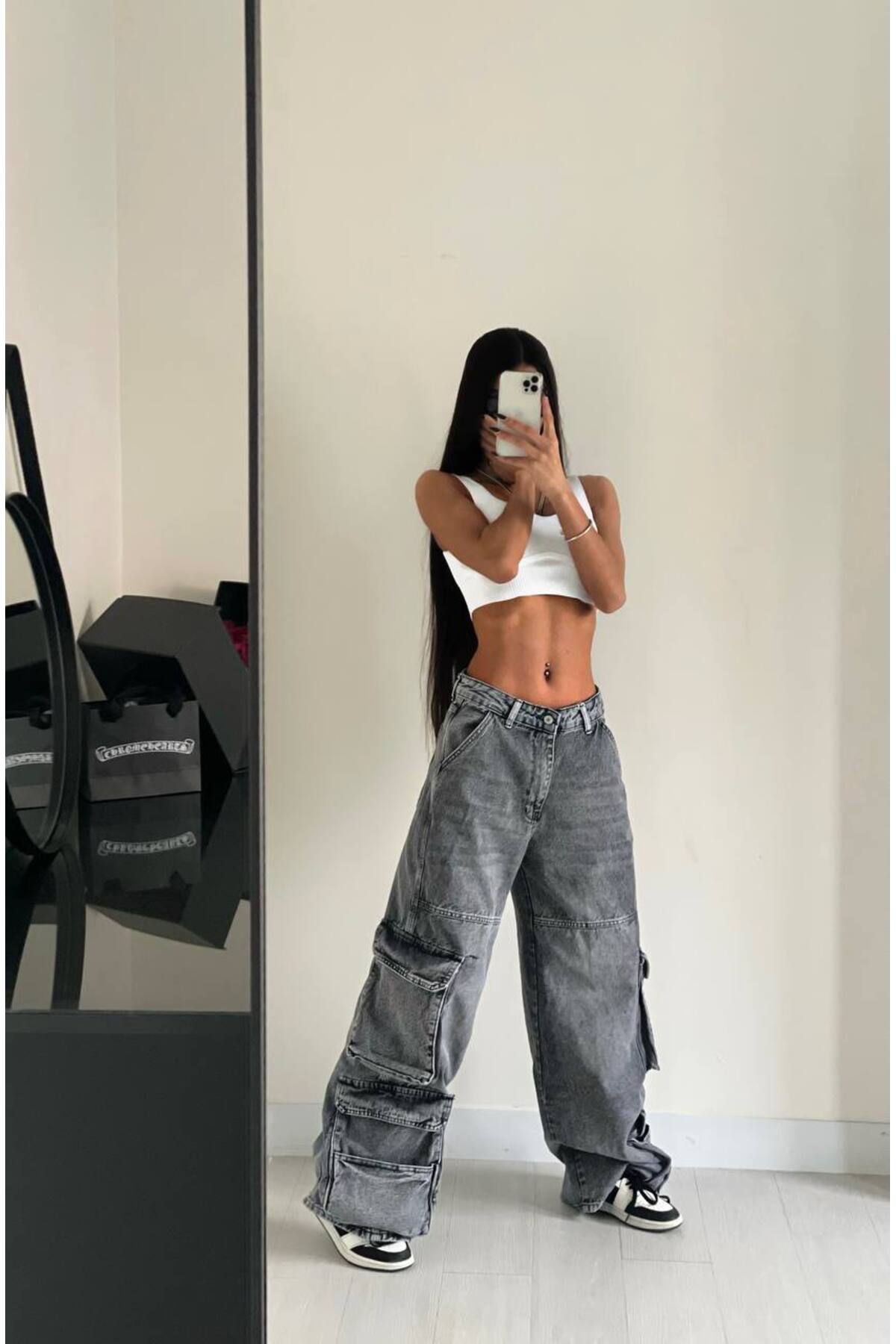 Alien 1979  Kadın Gri Oversize Bol Paça Kargo Jean Street Style