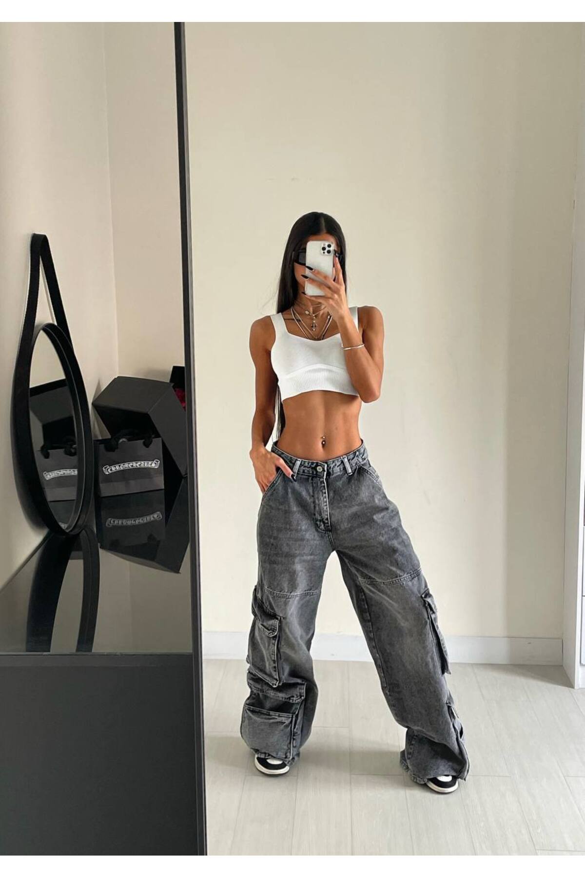 Alien 1979  Kadın Gri Oversize Bol Paça Kargo Jean Street Style - Görsel 3