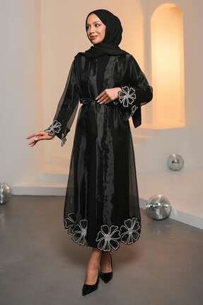 İmajButik Siyah Kol Ve Etek Ucu Taşlı Abaya Takım