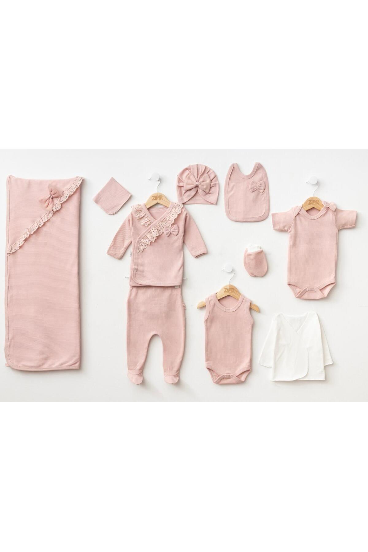 BYS BABY FASHION %100 Pamuklu 10 Parça Raporlu Fistolu Kumaş Yenidoğan Kız Bebek Hastane Çıkış Seti (Kutulu) fotoğrafı 2 (önizleme)