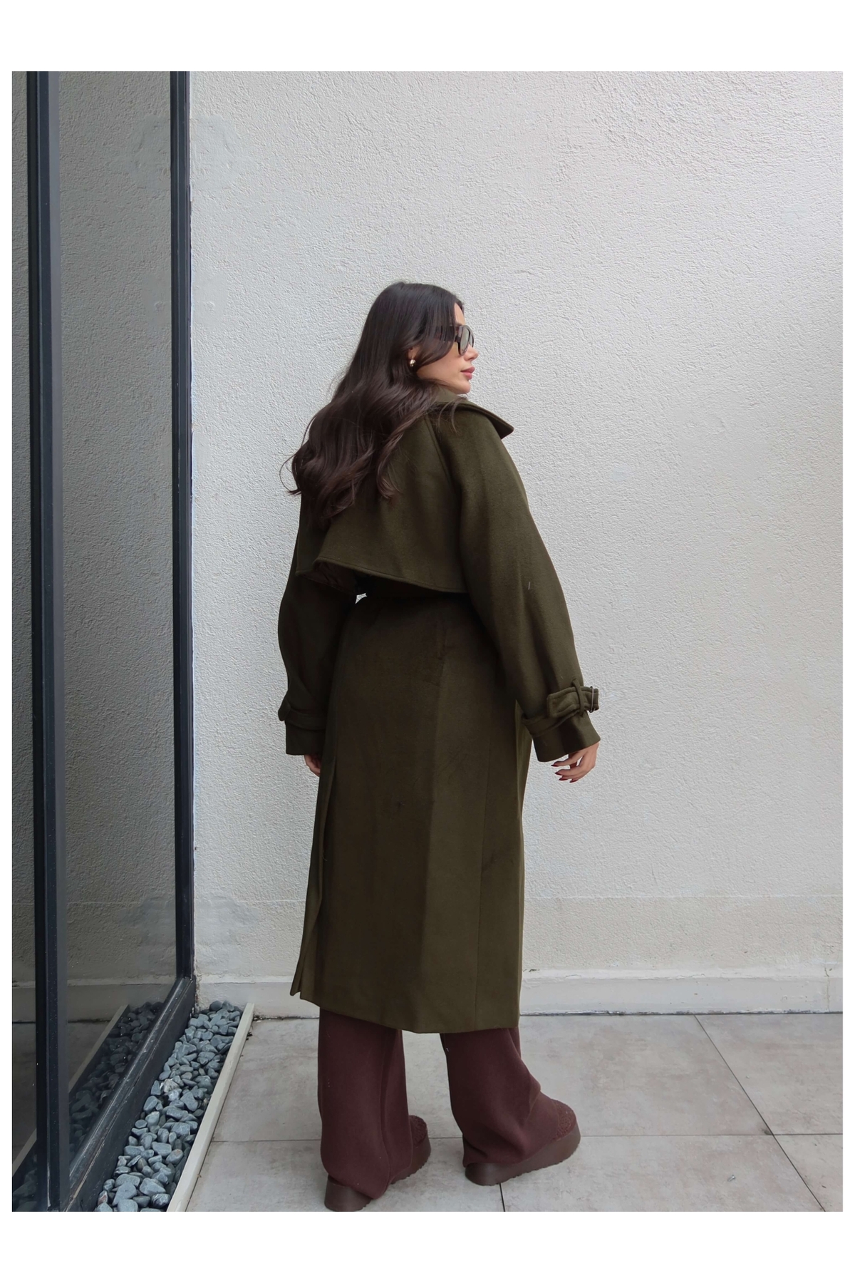 ESRAHELVACI  Kruvaze Kol Kemerli Kuşaklı Yün Kaban - Görsel 5