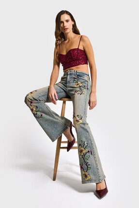 it's basic Kadın T.Kot Rengi 4s6-91 Midrise Flare Fit Özel Nakış Desenli Elas...