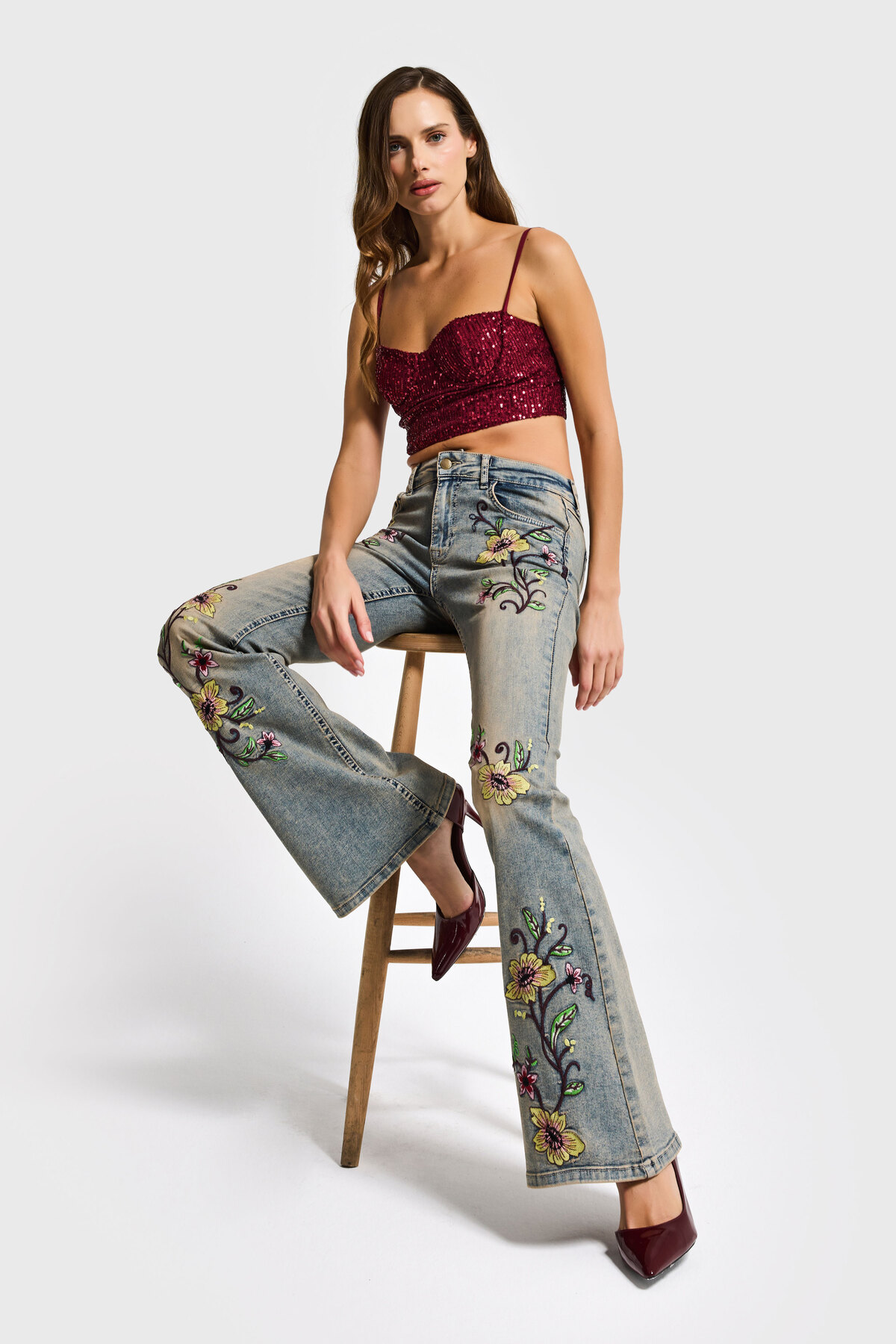 it's basic  Kadın T.Kot Rengi 4s6-91 Midrise Flare Fit Özel Nakış Desenli Elastan Kumaş Denim Jean