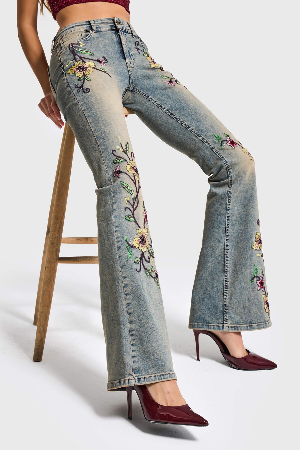 it's basic  Kadın T.Kot Rengi 4s6-91 Midrise Flare Fit Özel Nakış Desenli Elastan Kumaş Denim Jean - Görsel 7