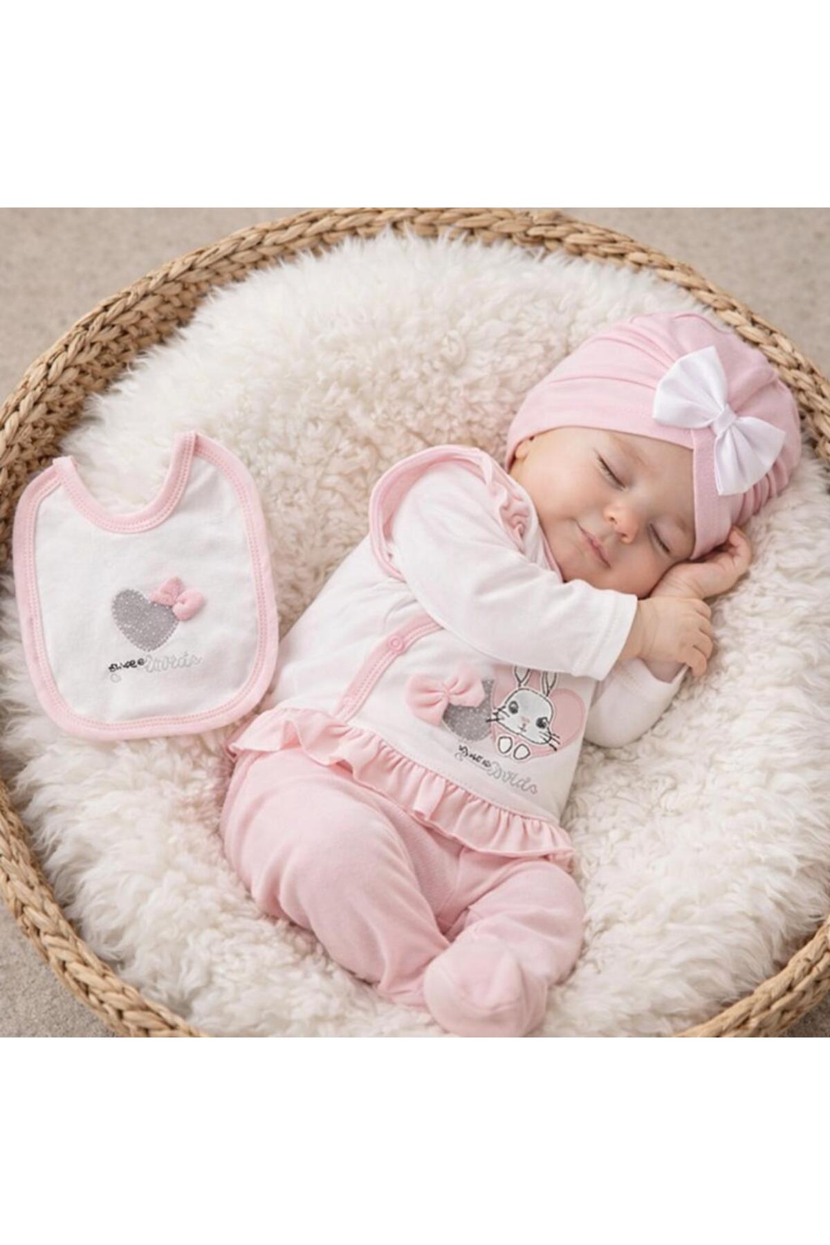 BYS BABY FASHION %100 Pamuklu 5'Li Sevimli Tavşan Desenli Yenidoğan Kız Bebek Hastane Çıkış Zıbın Seti(Kutulu) 0-3 Ay fotoğrafı 6 (önizleme)