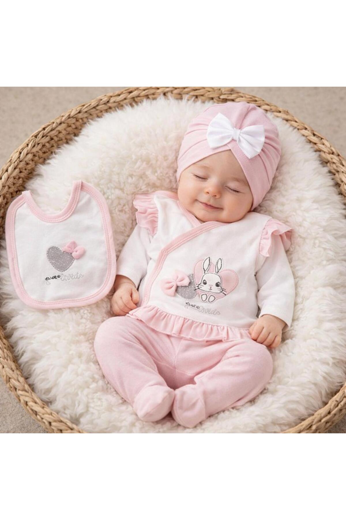 BYS BABY FASHION %100 Pamuklu 5'Li Sevimli Tavşan Desenli Yenidoğan Kız Bebek Hastane Çıkış Zıbın Seti(Kutulu) 0-3 Ay fotoğrafı 3 (önizleme)