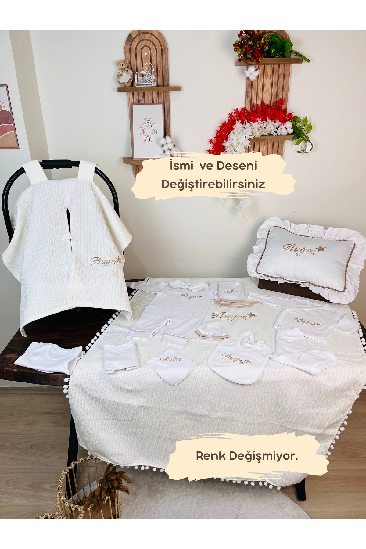 Named Embroidered Hospital Exit Set, Jewelry Pillow and Stroller Cover 100% Cotton 12 Pieces 0-3 Months