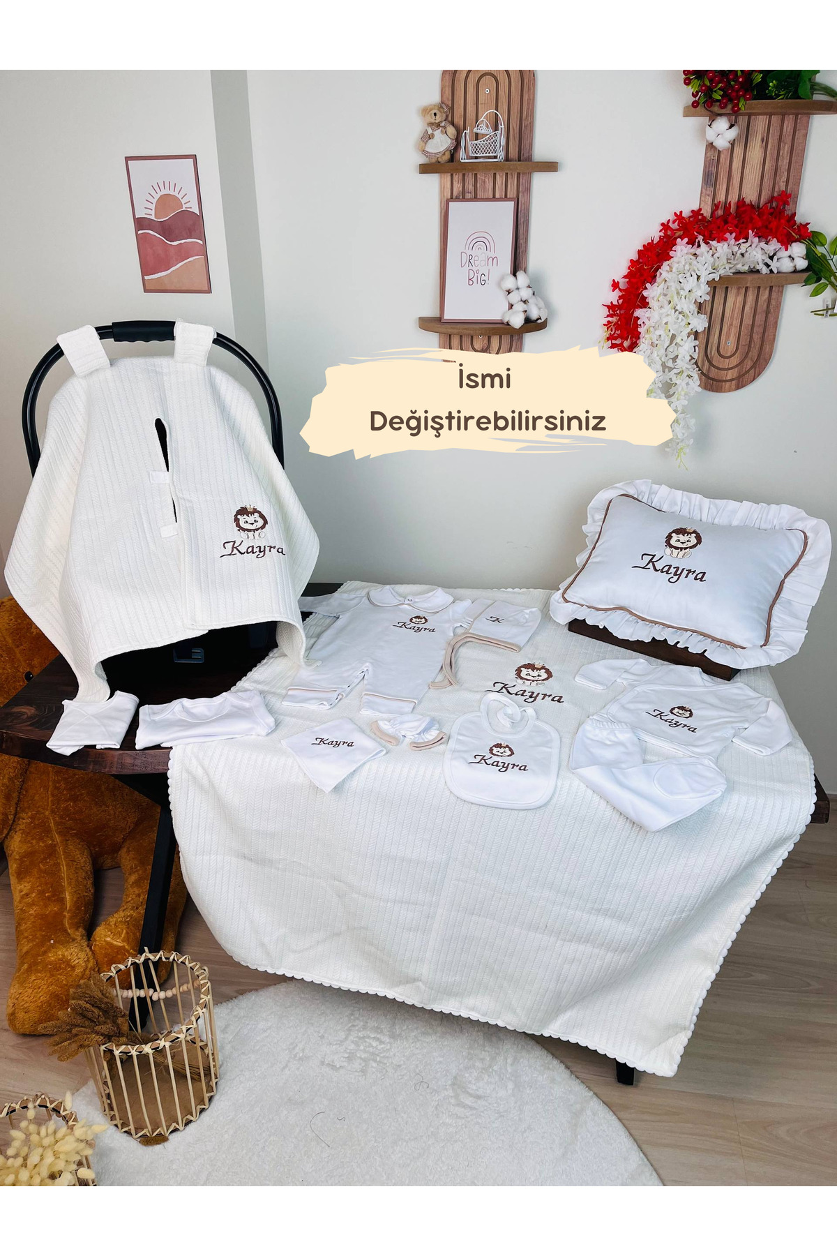 Named Hospital Exit Set, Jewelry Pillow and Stroller Cover 100% Cotton 12 Pieces 0-3 Months Lion Embroidered