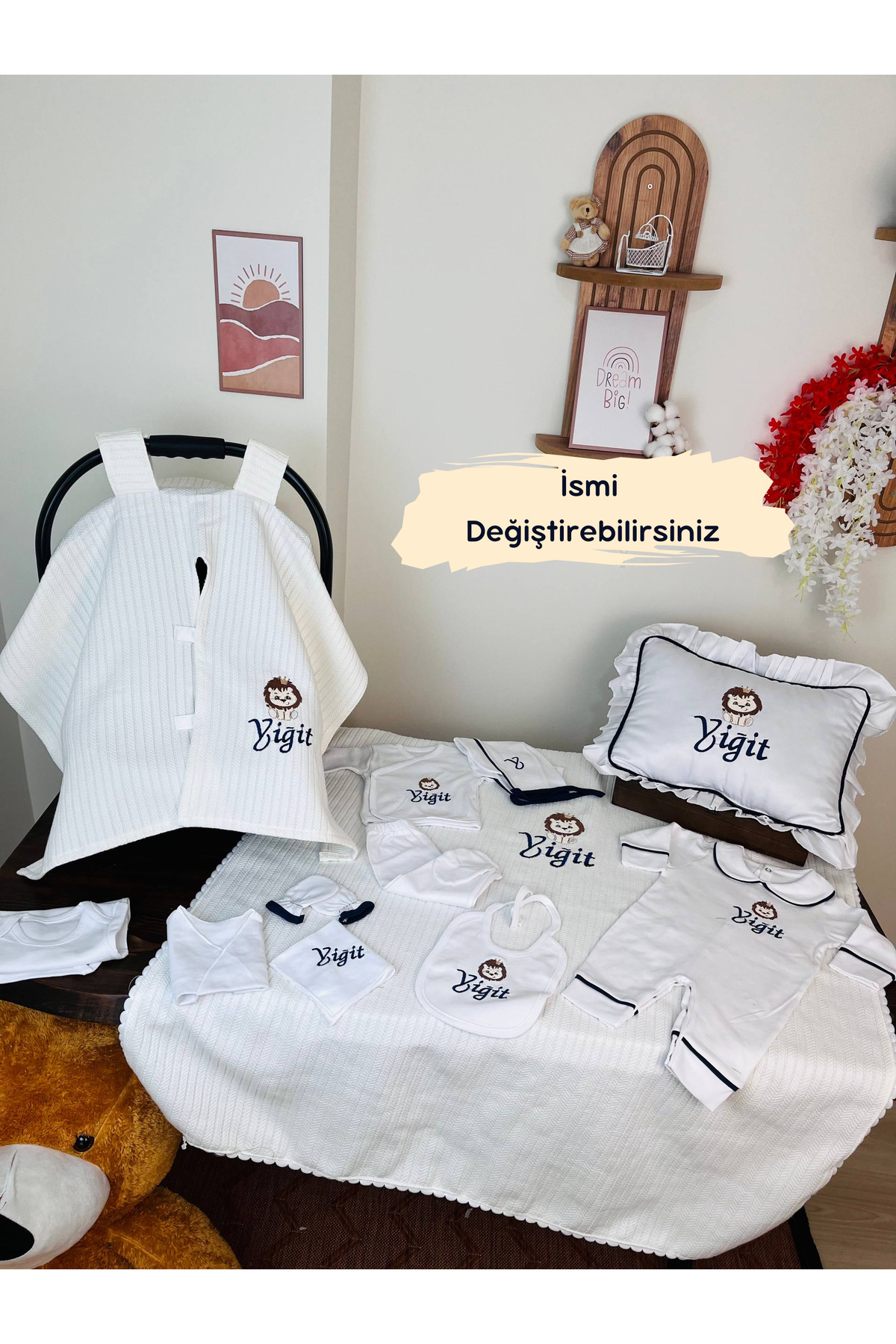 Hospital Exit Set with Lion Embroidery Name, Jewelry Pillow and Stroller Cover 100% Cotton 12 Pieces 0-3 Months