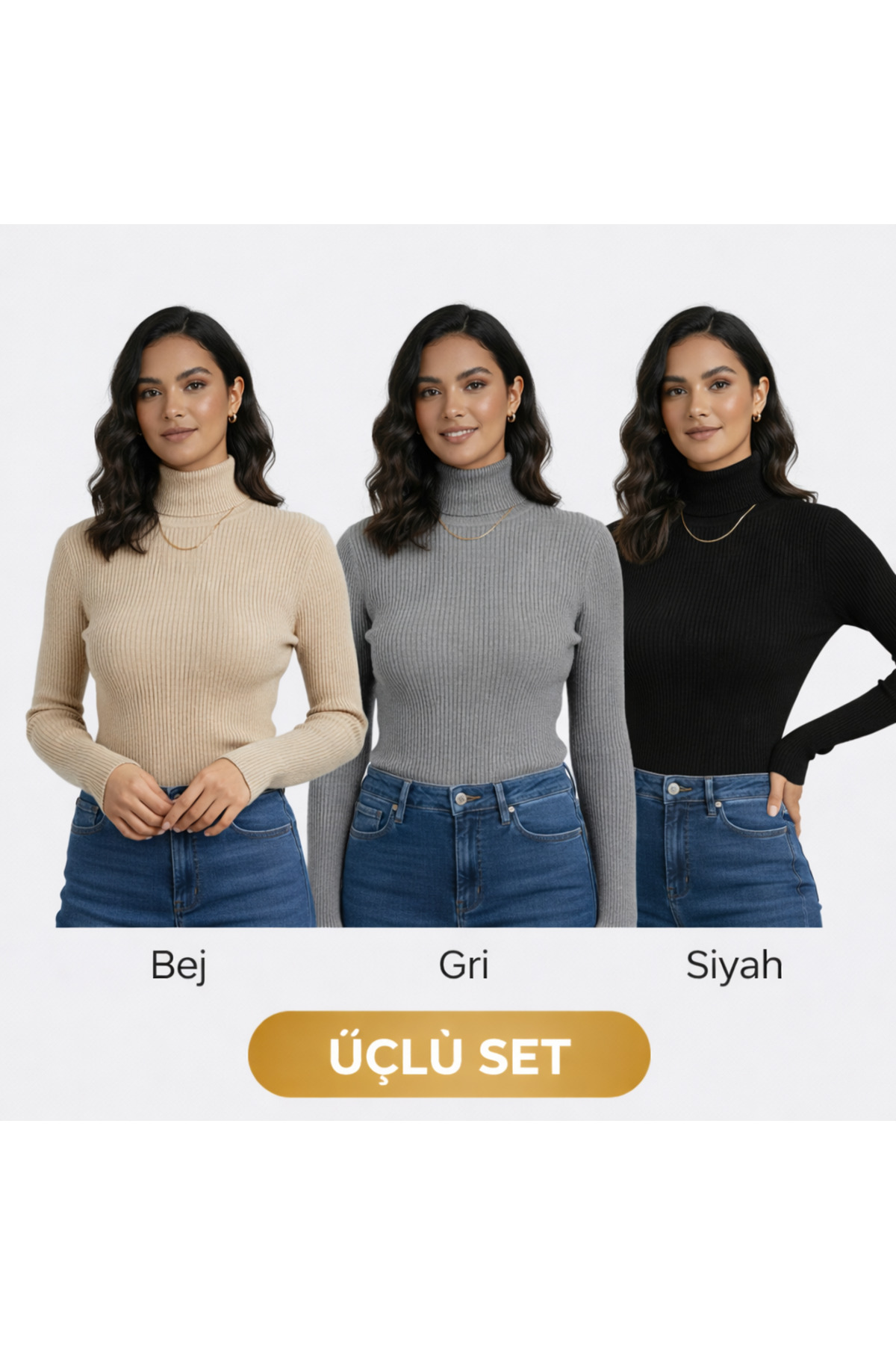 nacar çarşı Kadın Balıkçı Yaka Fitilli Triko Bluz 3’lü Set – Krem• Siyah • Gri — خاکستری ncrftlli526