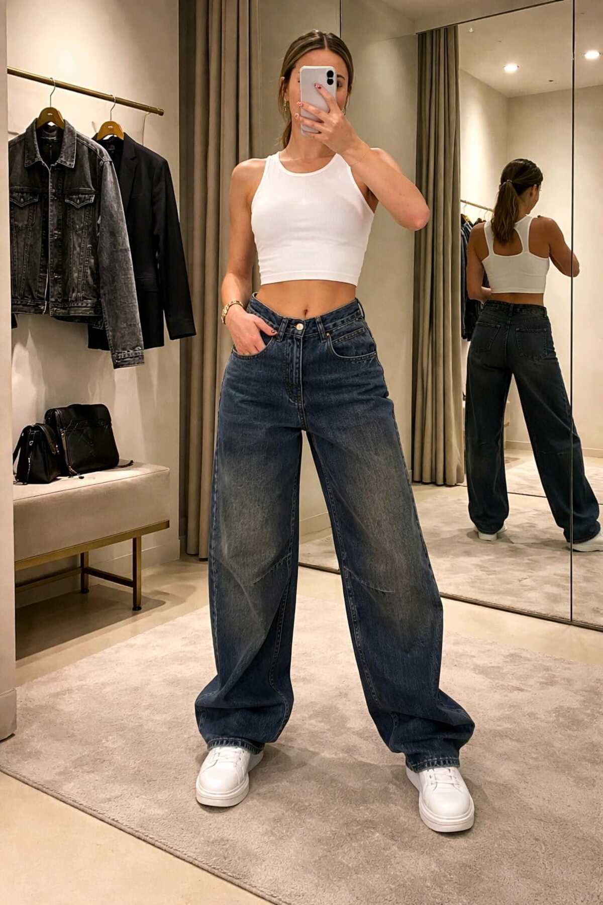 Avril Baggy Acid Washing Coffee Tint Buckle Detailed Wide Cut Baggy Jean Jeans