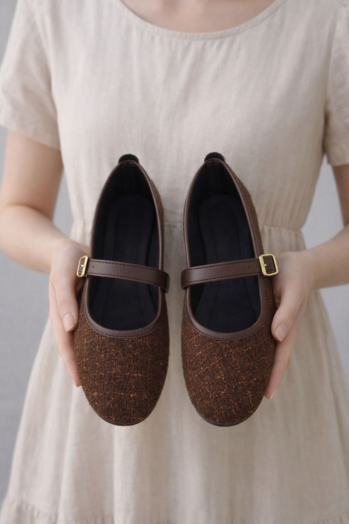 Beyond   Kahverengi Tüvit Kumaş Mary Jane Babet Şık Tokalı Rahat Taban Günlük Ayakkabı BYNDLCK01