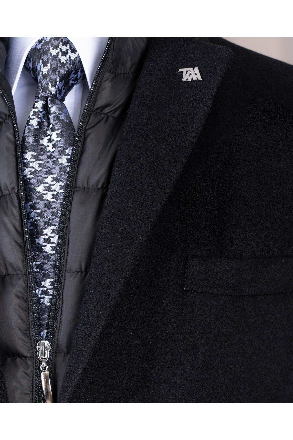 TerziAdemAltun İtalyan stil slim fit mono yaka yün karışımlı kaşe erkek kaban siyah T14689 görsel 3