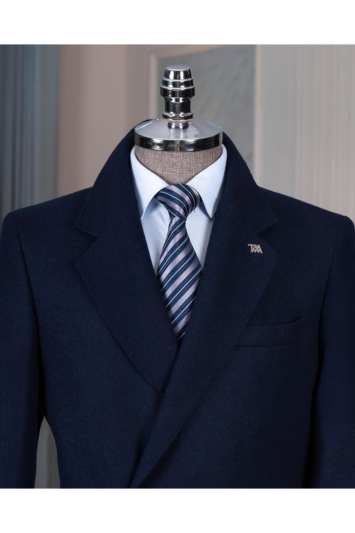 TerziAdemAltun İtalyan stil slim fit kruvaze yün karışımlı kaşe erkek kaban lacivert T14716 görsel 2