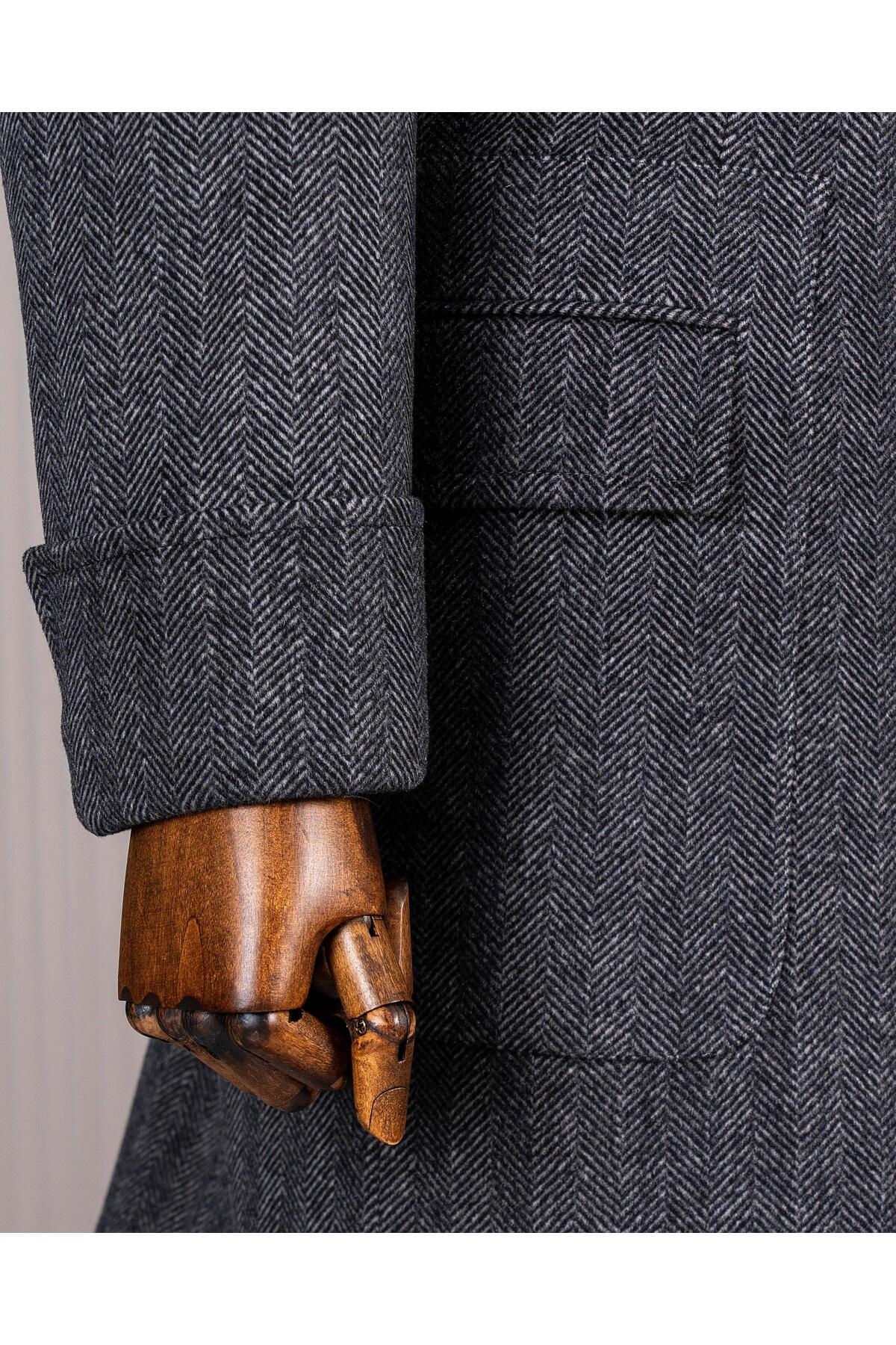 TerziAdemAltun İtalyan stil slim fit kruvaze yün karışımlı kaşe erkek kaban antrasit T14710 görsel 3