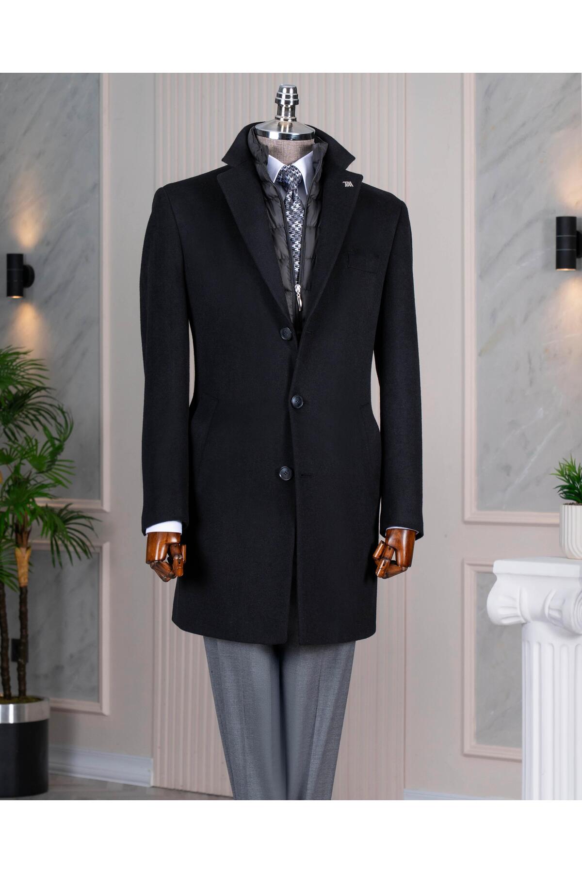 TerziAdemAltun İtalyan stil slim fit mono yaka yün karışımlı kaşe erkek kaban siyah T14689