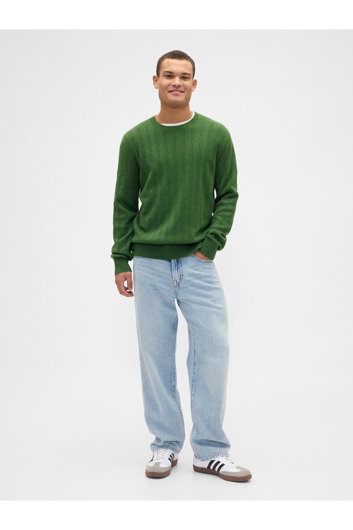 Erkek Yeşil CashSoft Ribbed Bisiklet Yaka Kazak — سبز 789793 — تصویر 4 از 5