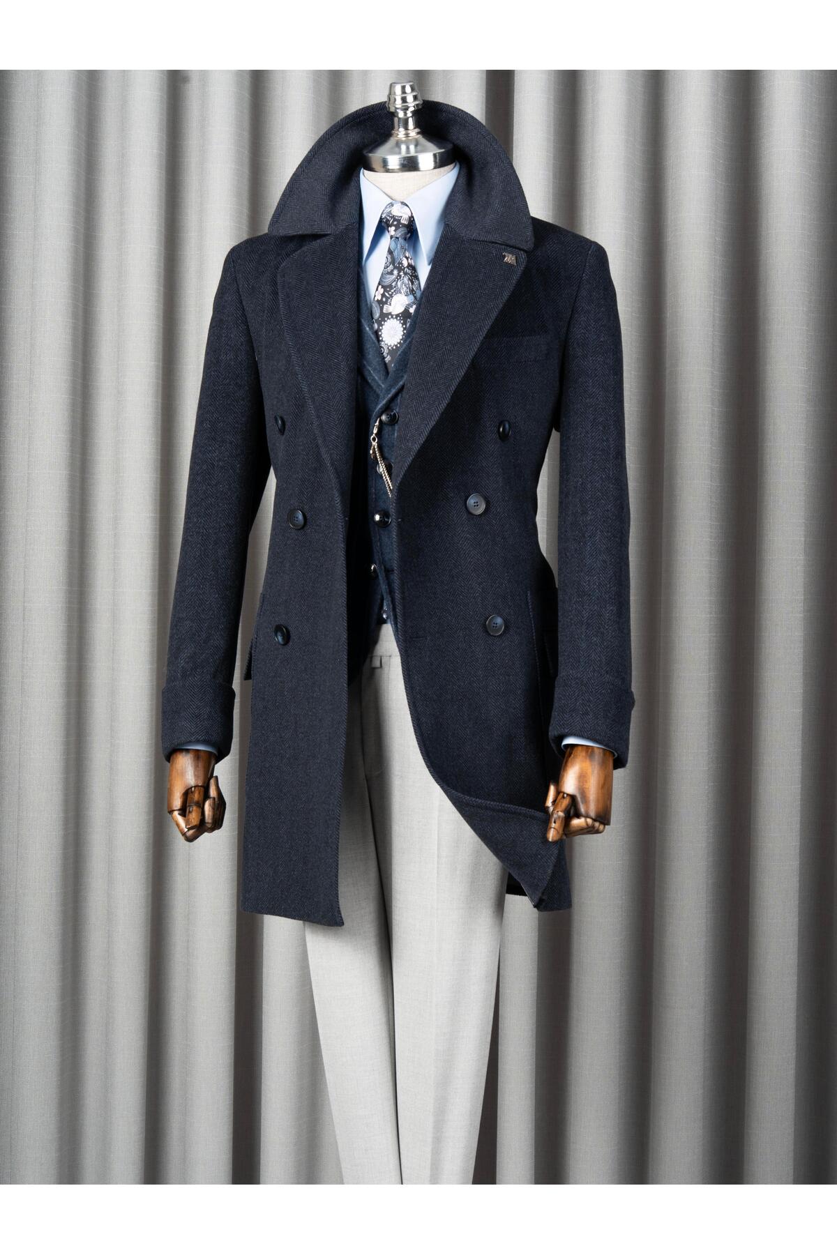 TerziAdemAltun İtalyan stil slim fit kruvaze yün karışımlı kaşe erkek kaban lacivert T14712