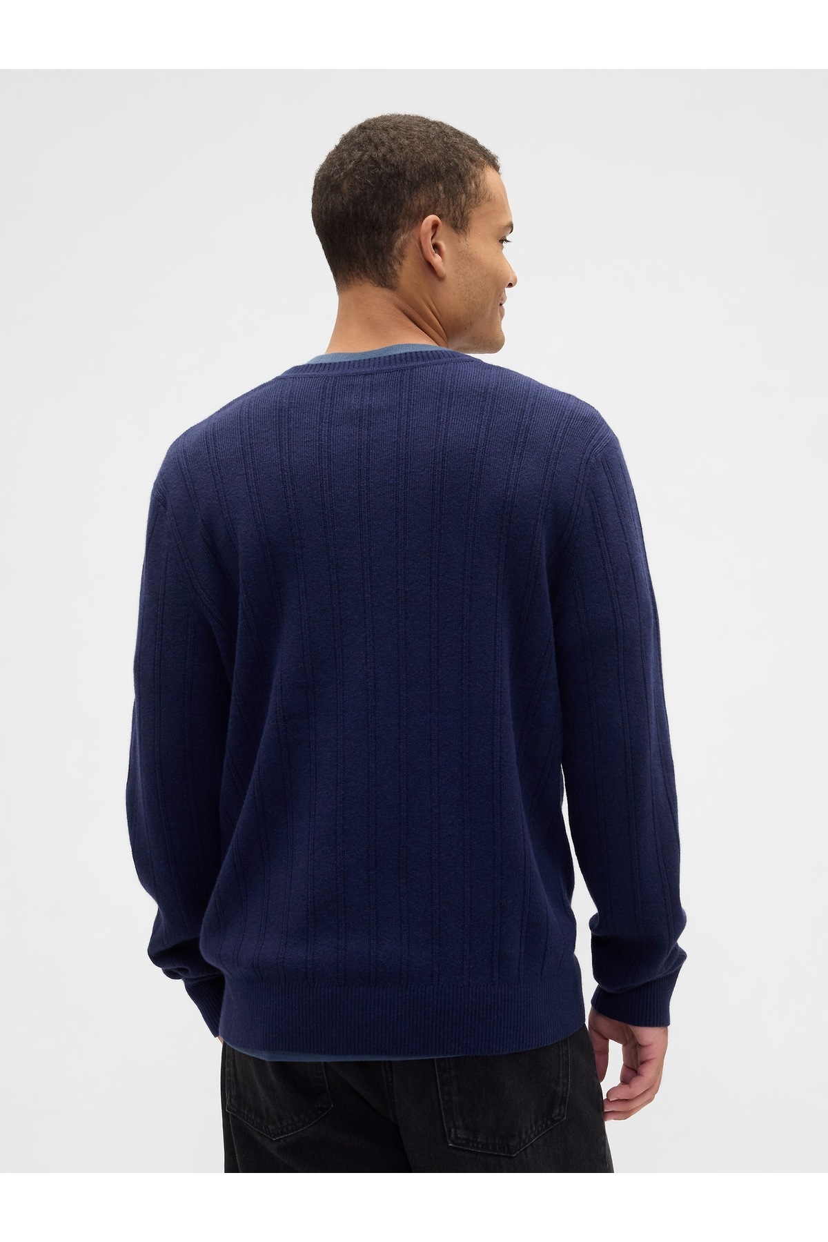 Erkek Lacivert CashSoft Ribbed Bisiklet Yaka Kazak — سرمه‌ای 789793 — تصویر 5 از 5