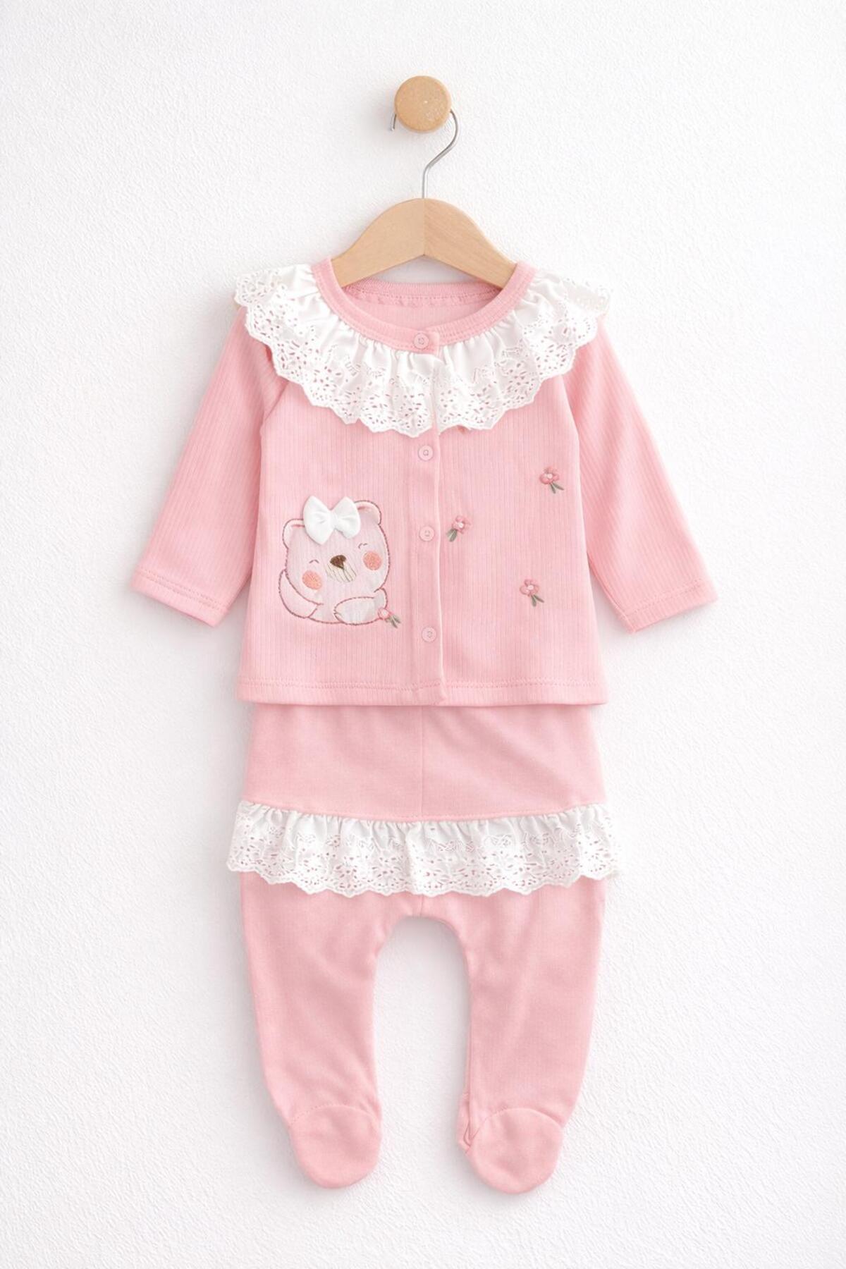 BYS BABY FASHION %100 Pamuklu 10'lu Yenidoğan Dantel Yakalı Kız Bebek Kutulu Hastane Çıkışı Takımı fotoğrafı 3 (önizleme)