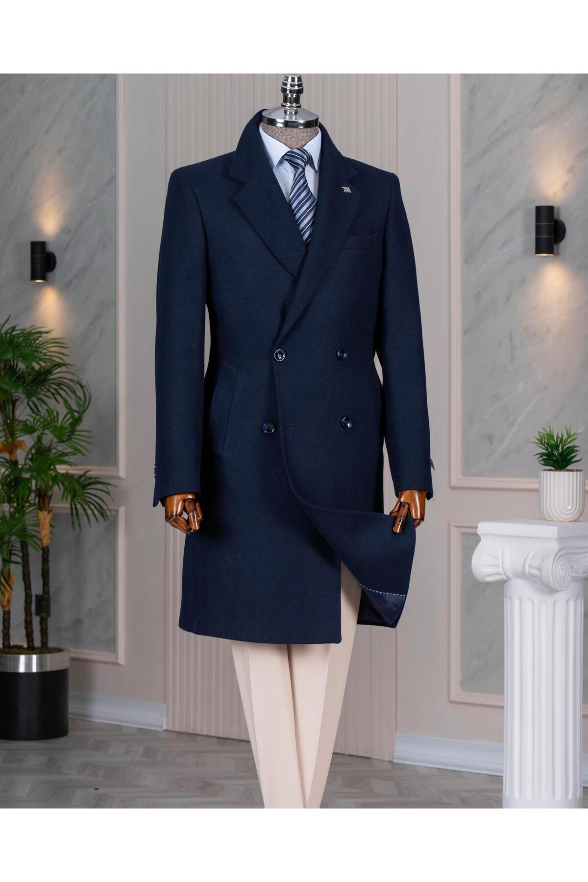 TerziAdemAltun İtalyan stil slim fit kruvaze yün karışımlı kaşe erkek kaban lacivert T14716