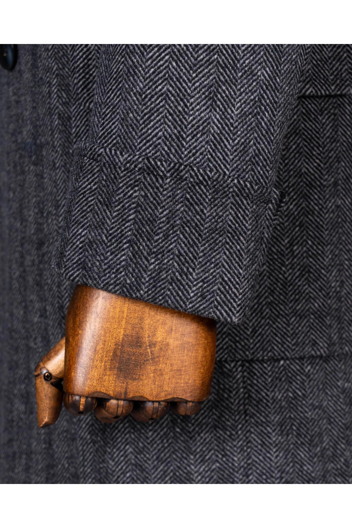 TerziAdemAltun İtalyan stil slim fit kruvaze yün karışımlı kaşe erkek kaban antrasit T14710 görsel 4