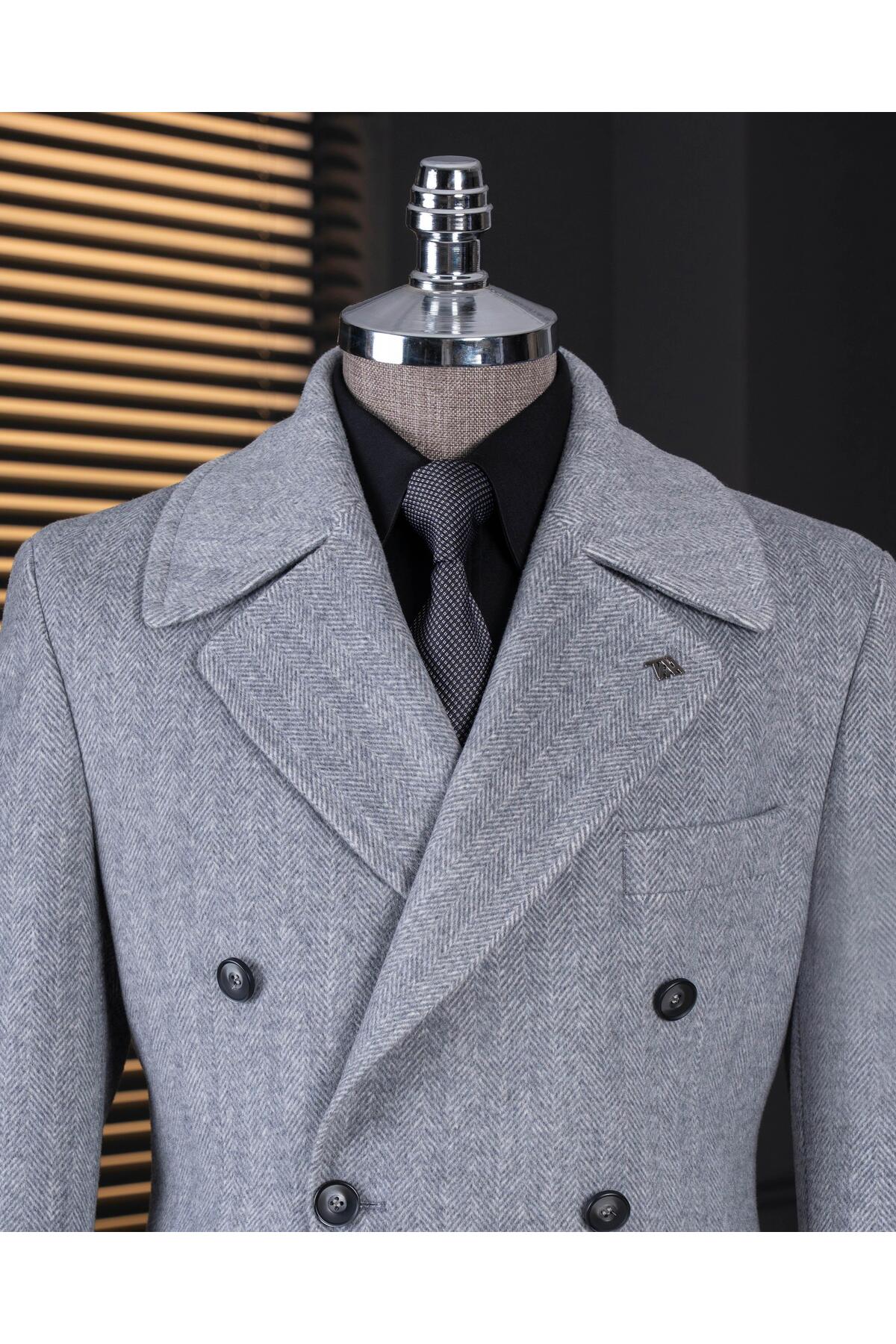 TerziAdemAltun İtalyan stil slim fit kruvaze yün karışımlı kaşe erkek kaban gri T14711 görsel 2