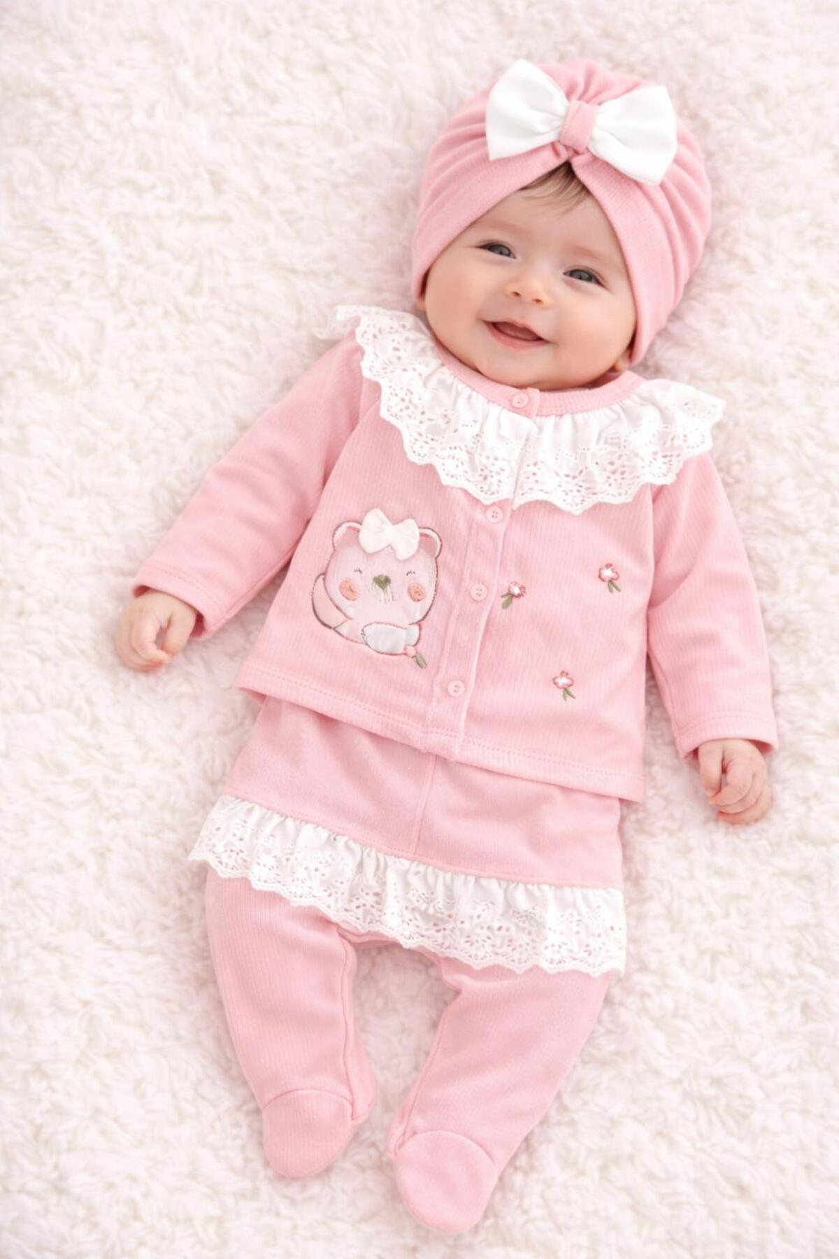 BYS BABY FASHION %100 Pamuklu 10'lu Yenidoğan Dantel Yakalı Kız Bebek Kutulu Hastane Çıkışı Takımı fotoğrafı 7 (önizleme)
