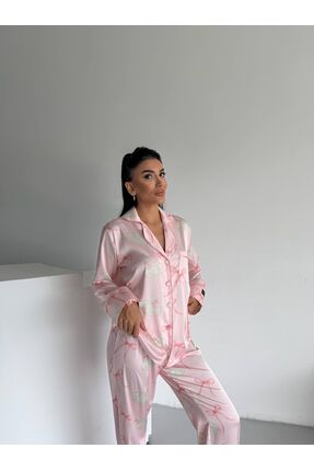 Loraofsilk DİJİTAL KUĞU BASKILI İPEK SATEN PİJAMA TAKIMI TOKALI