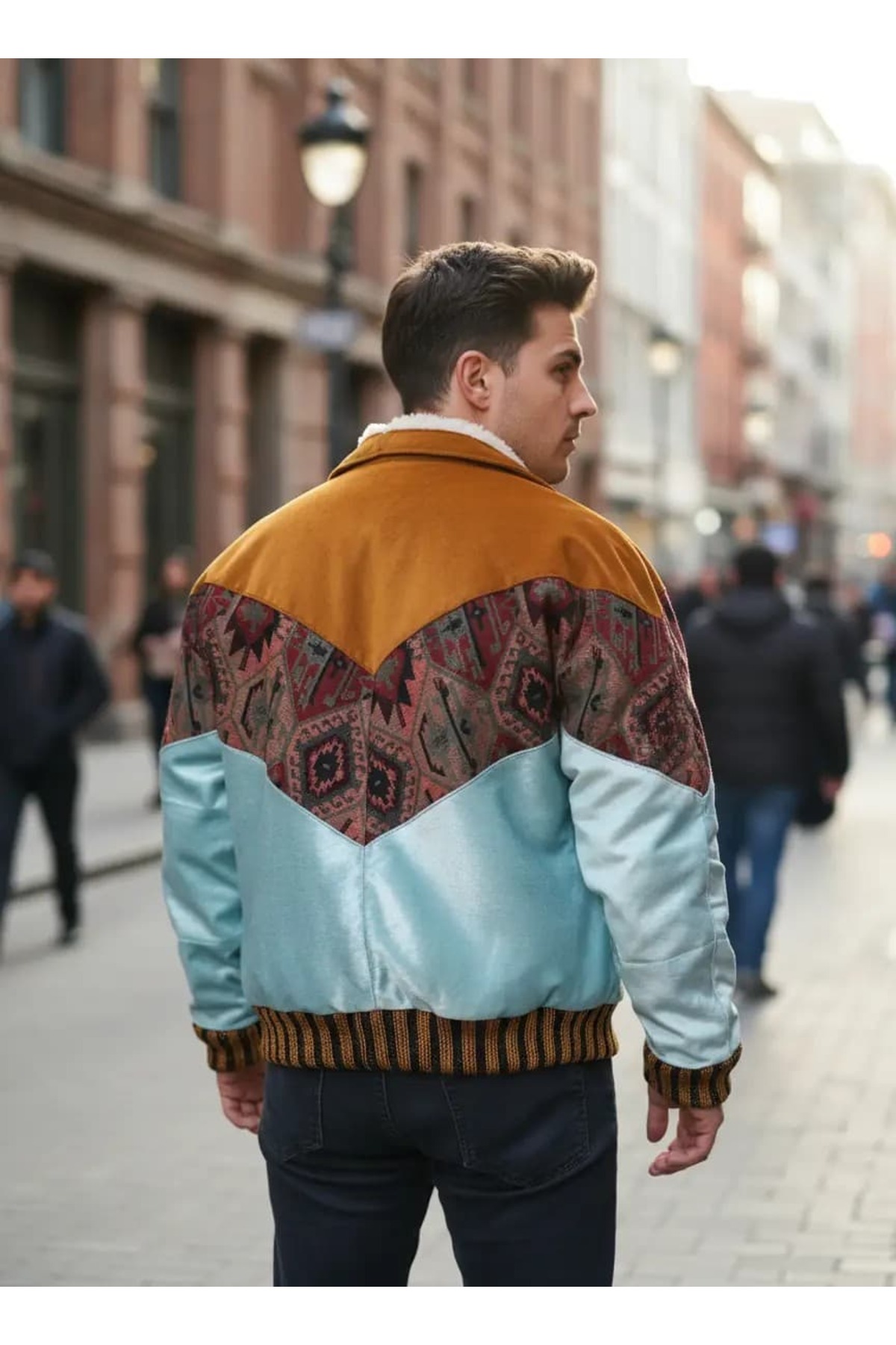 CANMODA (7784) Recien Unisex Kürklü Yaka Vintage Aztek Ceket