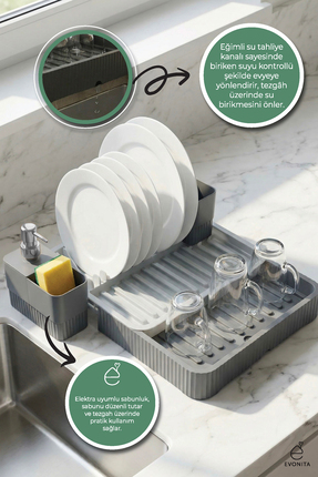 EVONİTA Sürgülü Alt Hazneli Bulaşık Kurutmalık – Su Tahliyeli Tabak Bardak Or...