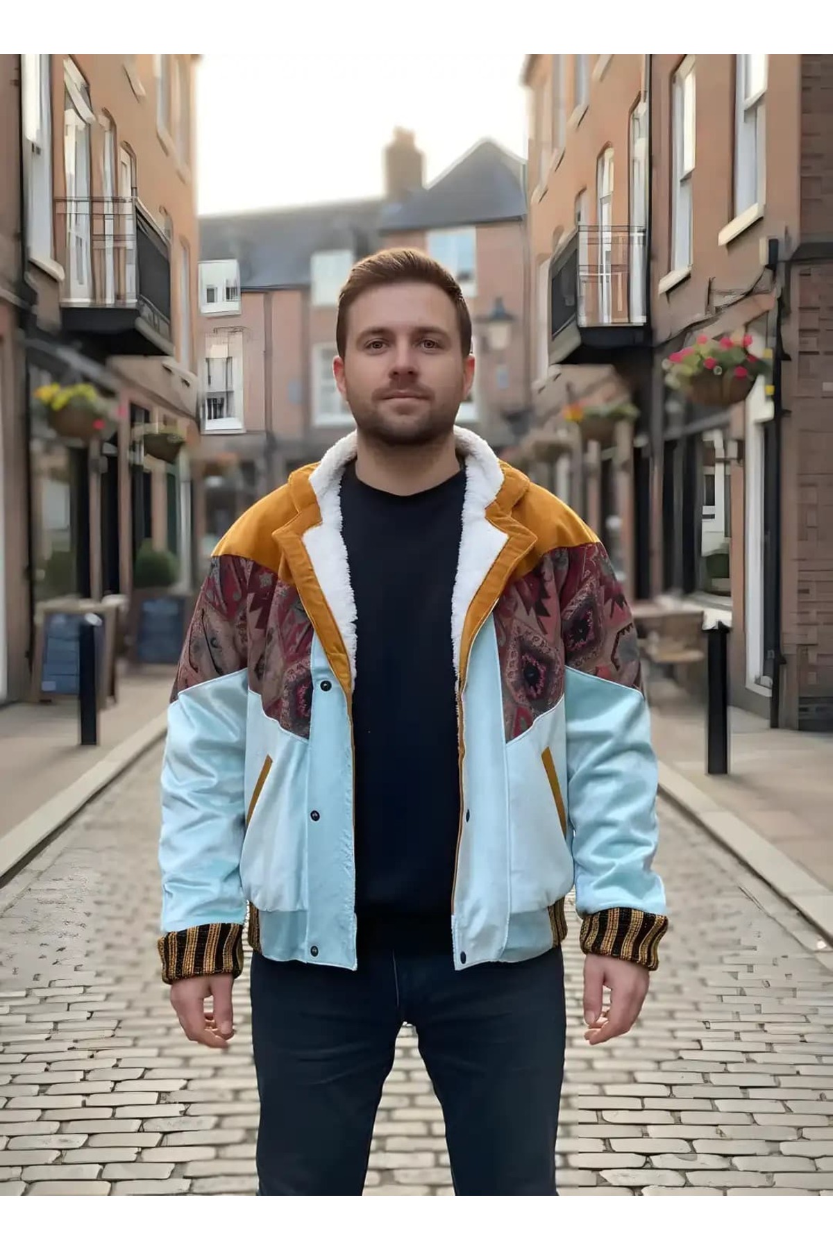 CANMODA (7784) Recien Unisex Kürklü Yaka Vintage Aztek Ceket