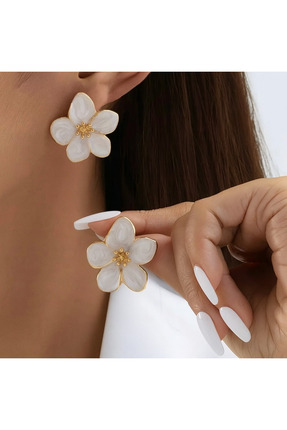 Lavinza Takı Kadın Gold Ekru Mineli Çiçek Küpe