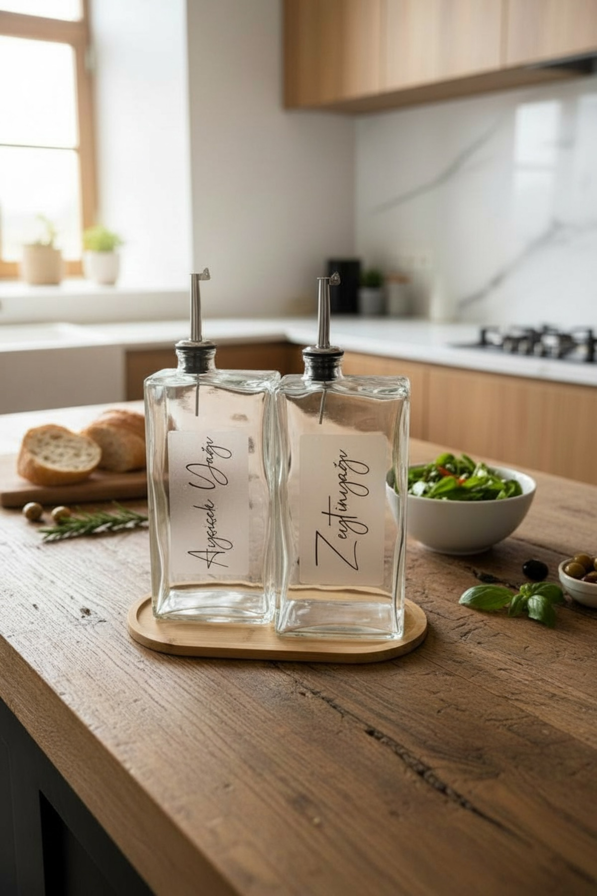 2-Piece Silver Lid Glass Stand Sunflower and Olive Oil Labeled Sauce Vinegar Bowl Oil Pot Set 750ml