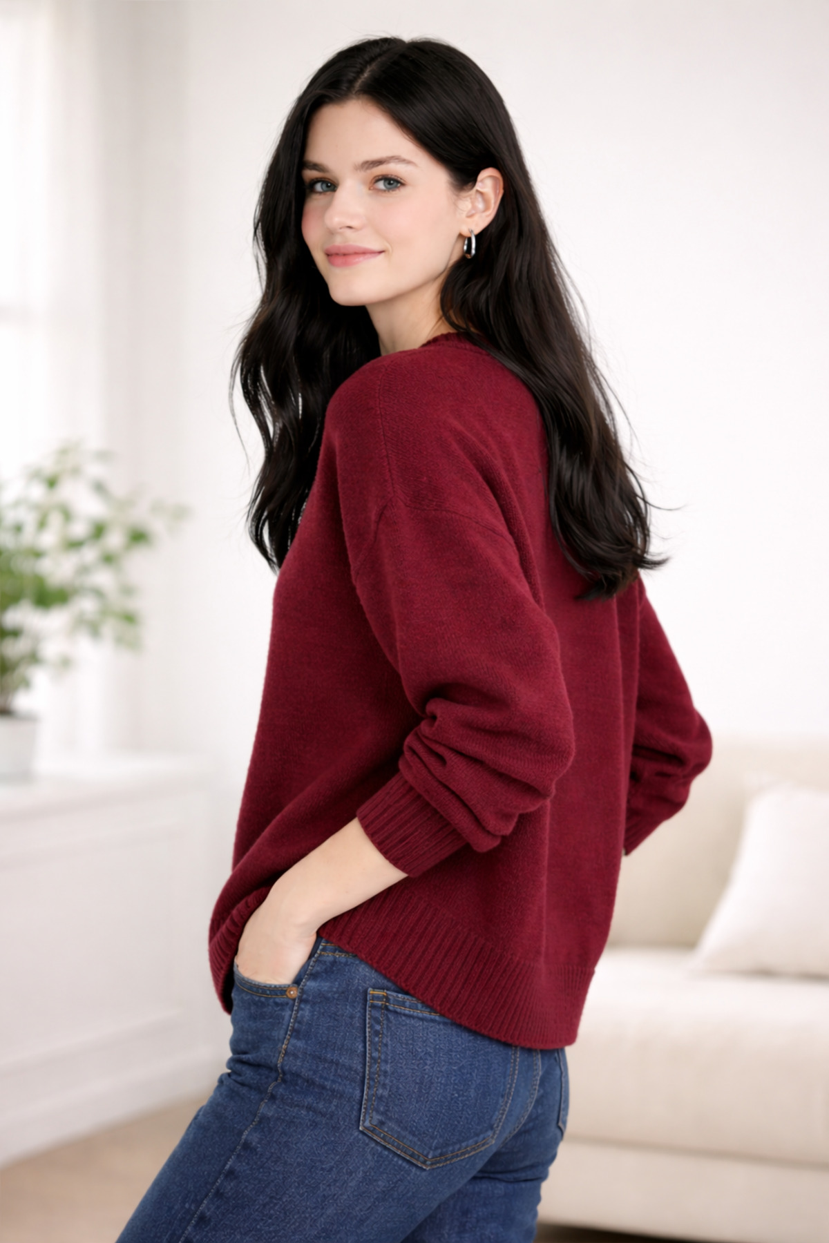 KAREL BUTİK  Bordo Oversize Bisiklet Yaka Triko Kadın Kazak - Görsel 2