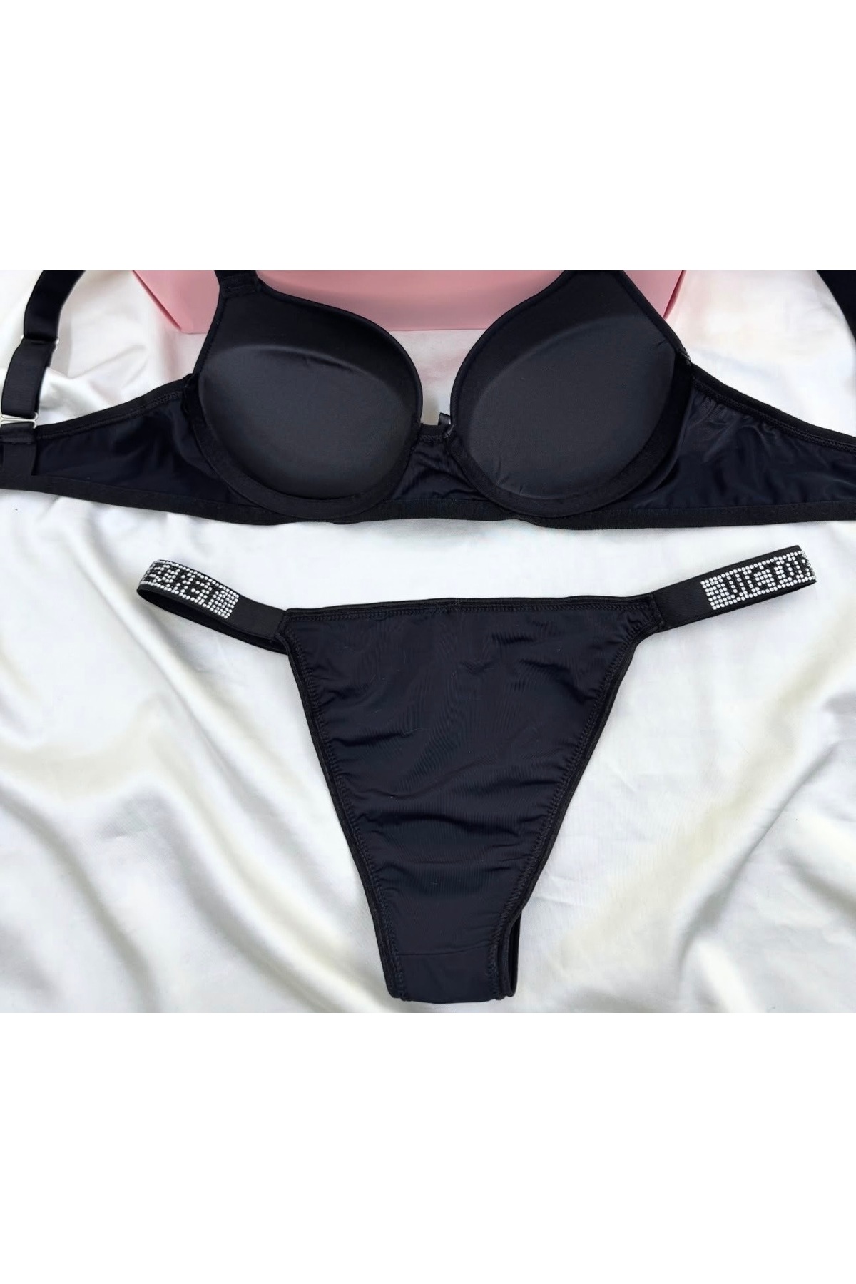 SATTENS  Micro kumaş Düz destekli dolgulu taşlı sütyen külot iç çamaşır takımı - Görsel 4