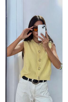 Azimutgiyim Kadın Gold Düğmeli Sıfır Kol Sarı Triko Yelek