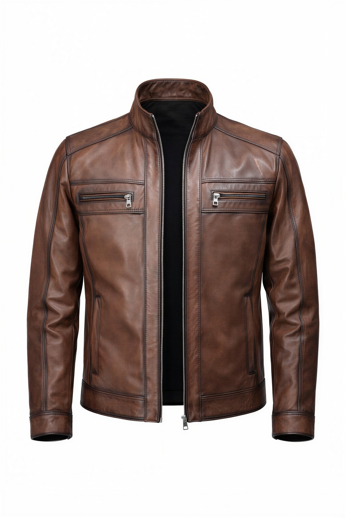 VELZANA  Erkek Hakiki Deri Kahverengi Dik Yaka Ceket | Fermuarlı, Çift Göğüs Fermuar Cepli, Yan Cepli