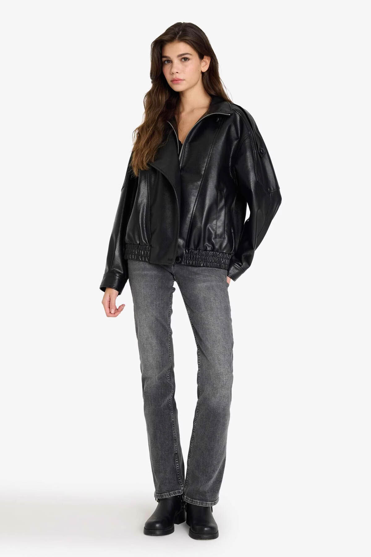 Defacto  Dad Fit Siyah Kadın Deri Ceket G4994AX/BK81 - Görsel 2