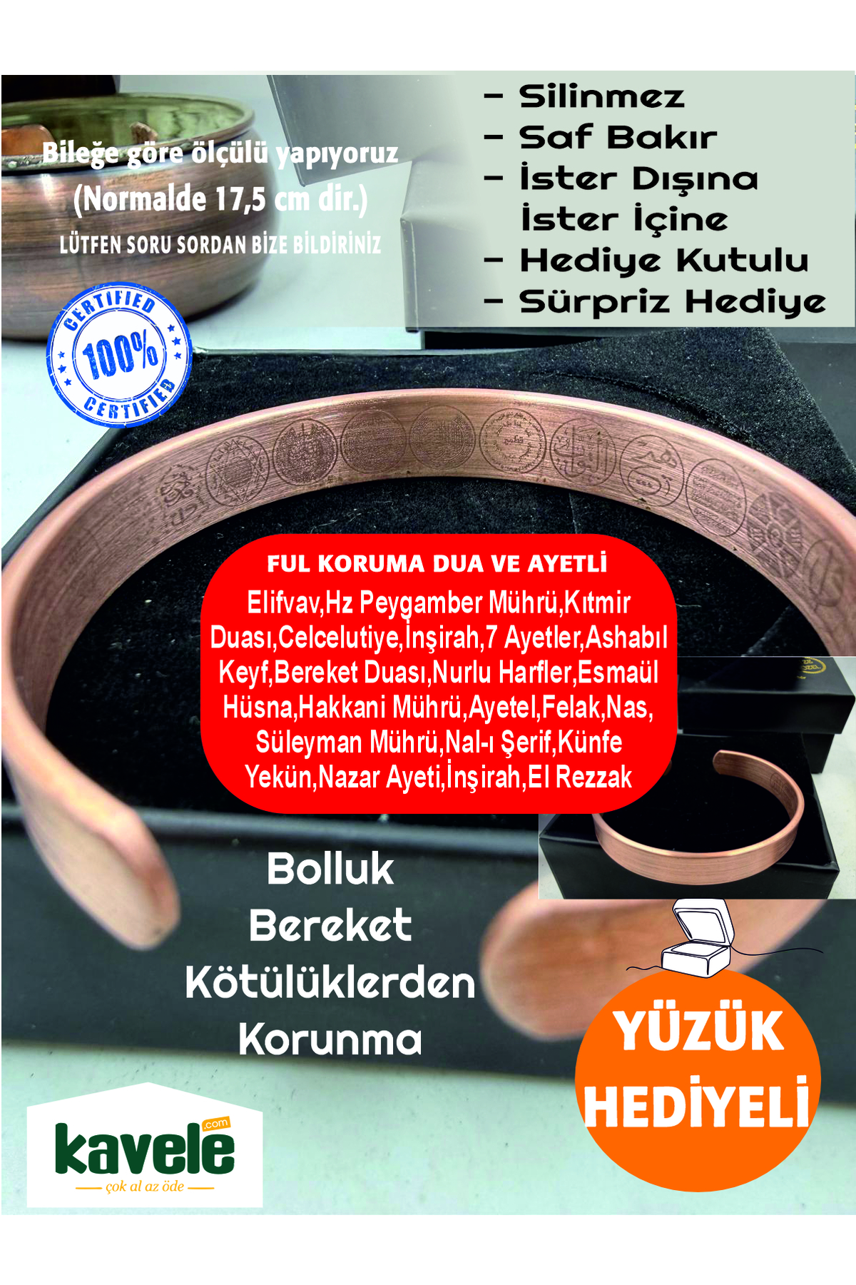 Ham saf Bakır Zarif Fulkoruma Zırhlı Cevşen bakır bileklik dışı düz-Hediyelik Kutuda
