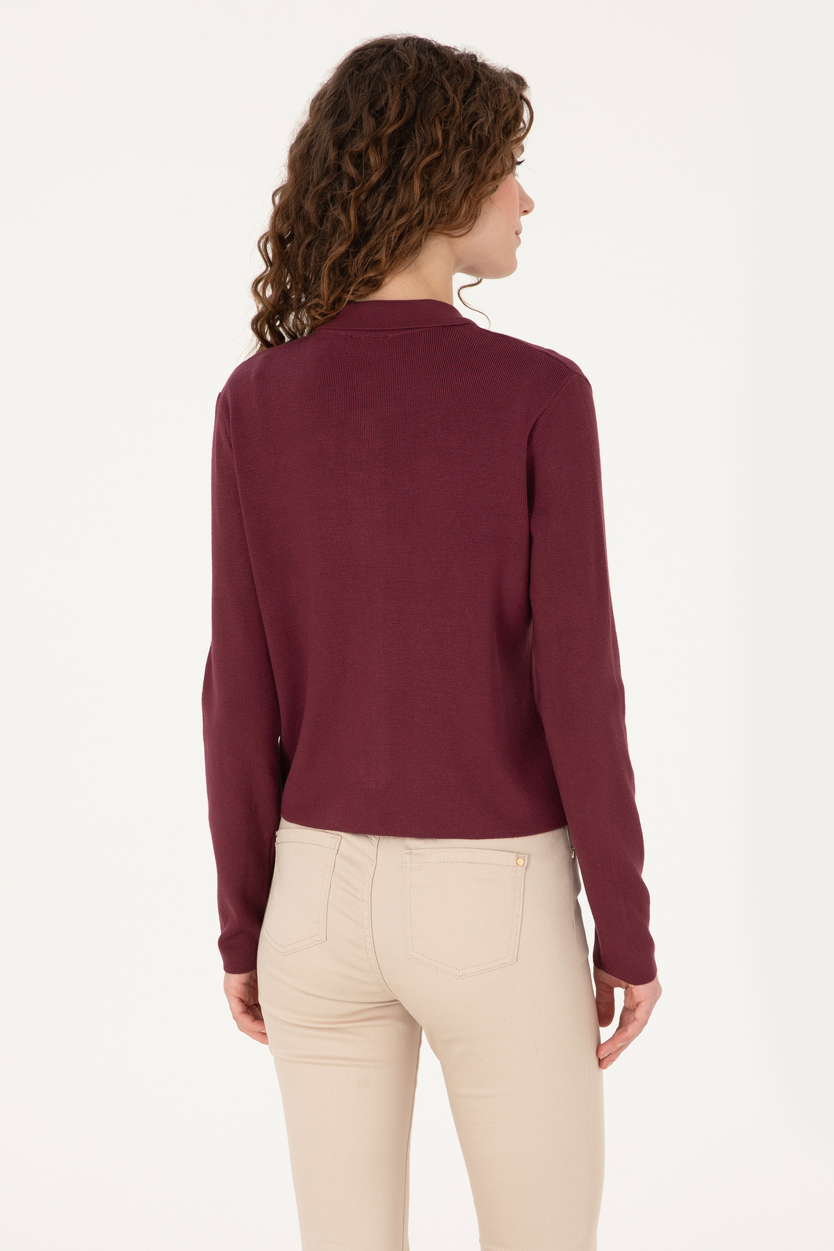 U.S. Polo Assn. Kadın Bordo Fermuarlı Polo Yaka Triko Hırka 50317375-VR177 görsel 5